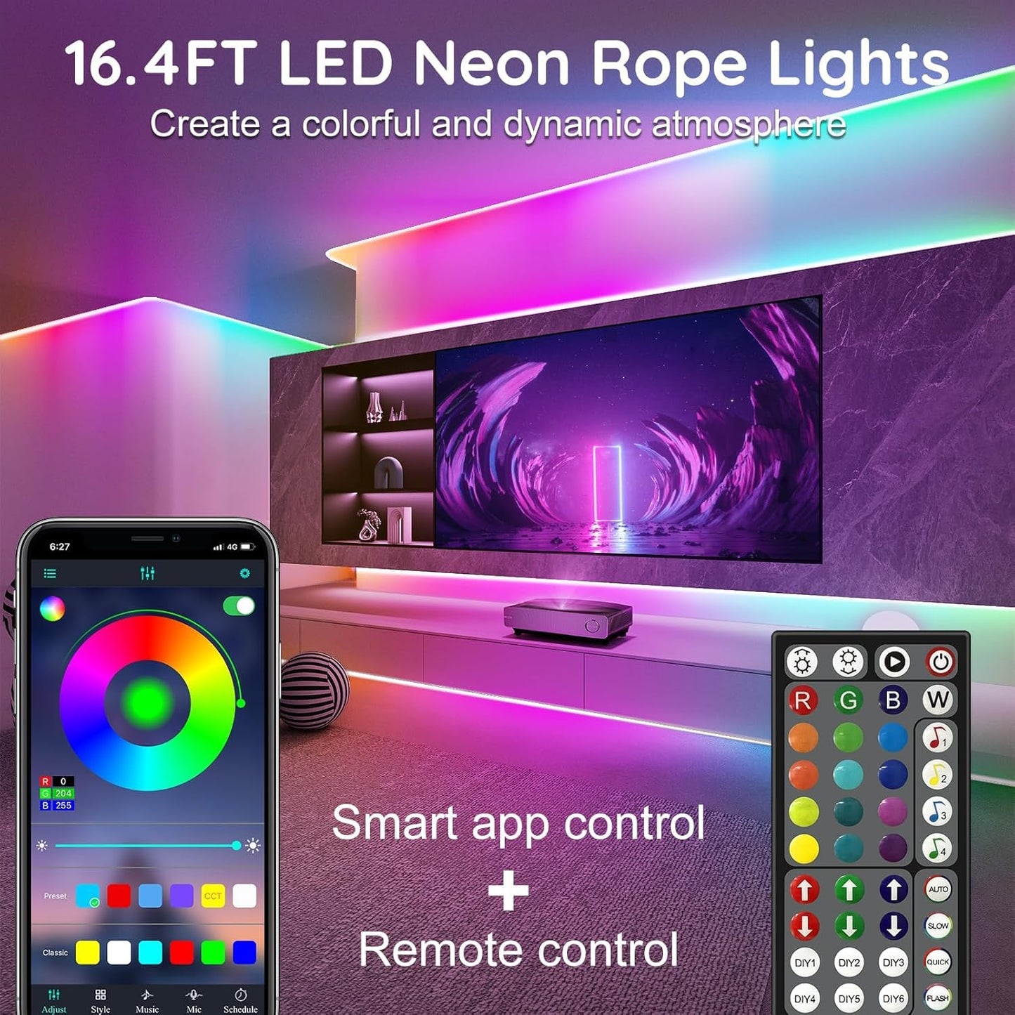 100Ftneon Rope Lights Flexible Led Rope Lights Control With App/Remote Multiple Modes Rope Lights Ip65 Outdoor Rgb Led Neons Light Waterproof