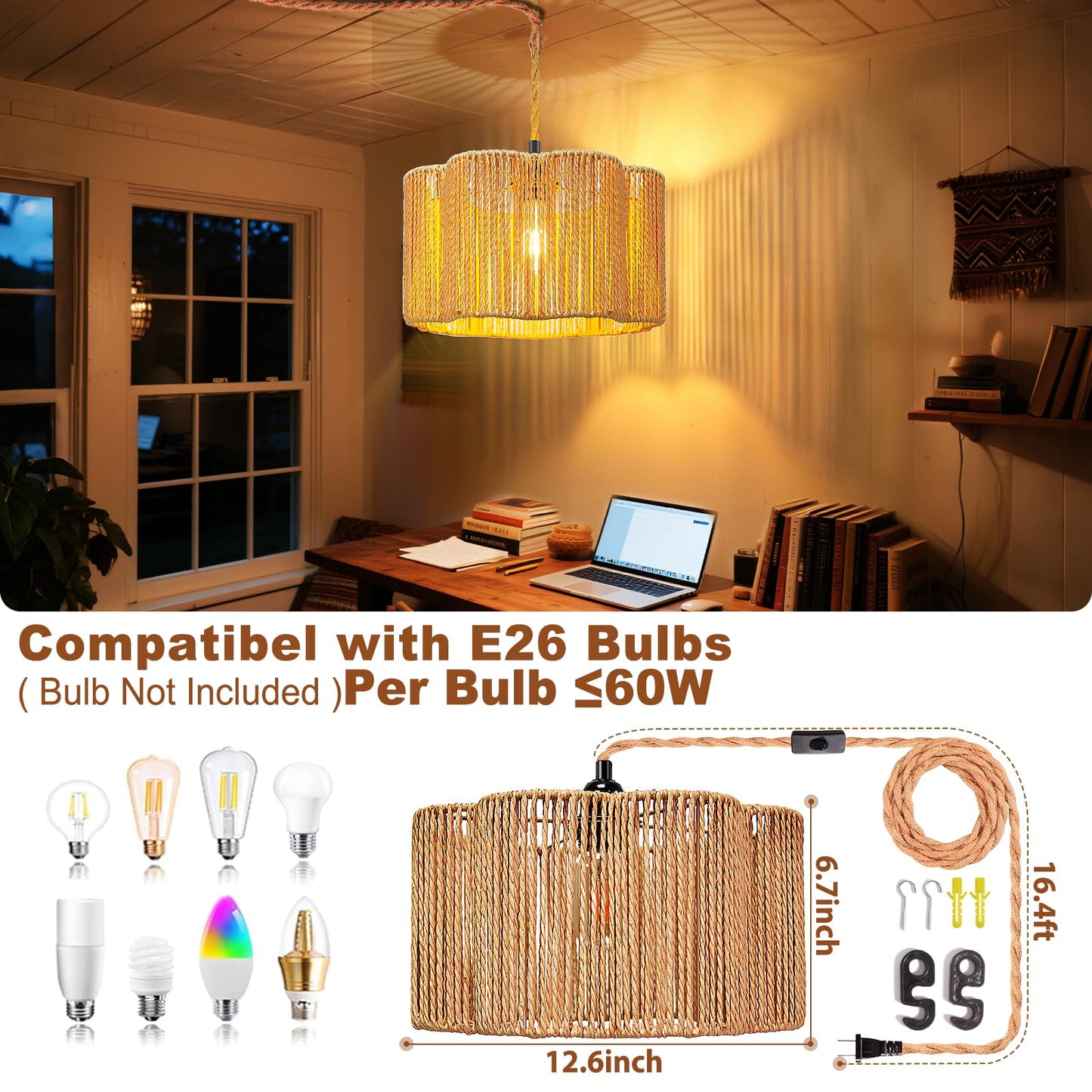 Hanging Lamps Rattan Pendant Light Hanging Lights 16.4Ft Plug In Cord Pendant Light Fixture Plug Into Wall Outlet Pendant Lighting With On Off Switch For Bedroom Living (Cylindrical Flower Shade)