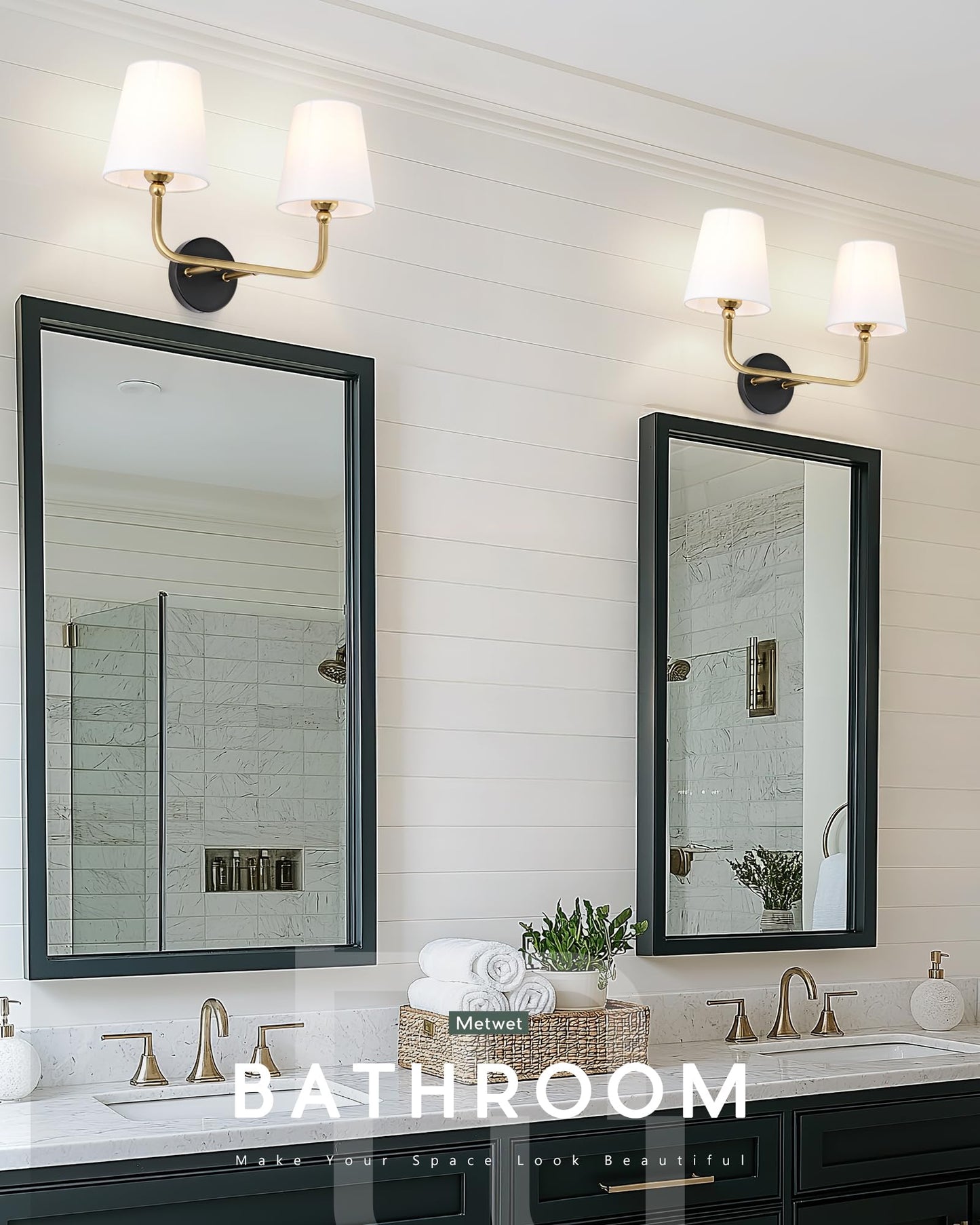 Metwet 2-Light Bathroom Light Fixtures  Black And Gold Vanity Lights  Double Wall Sconce With Flared White Fabric Shade  Modern Sconces Wall Lighting For Hallway Bedroom Stairway  Vl837-Kg-2