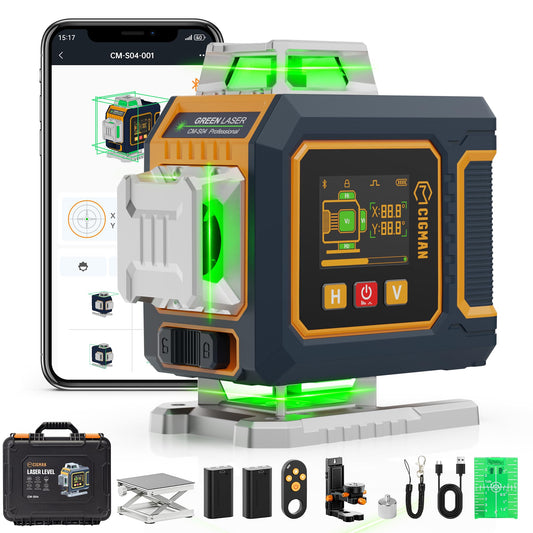 CIGMAN 16 Lines Green Laser Level 4×360° Self Leveling, Side LCD, Bluetooth App Remote, Pulse Mode for Receiver, 2×Li-ion (USB-C), Liftable Stand, 1/4" Mount, IP54, ABS Hard Case – S04