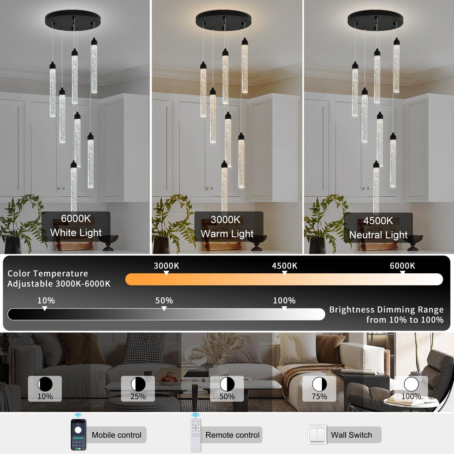 7-Lights High Ceiling Crystal Staircase Chandelier Black Pendant Lights Modern Spiral Raindrop Dimmable Led Bubble Cluster Ceiling Hanging Lighting Fixture For Foyer Living Room Remote Control