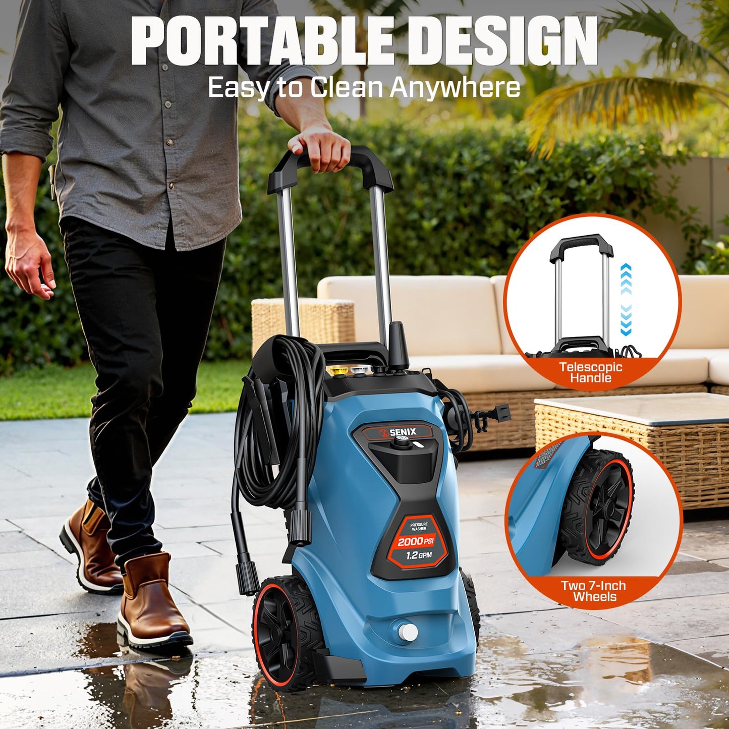 SENIX 2000 PSI Electric Pressure Washer, 1.2 GPM Compact Power Cleaner w/ 4 Nozzles, 25ft Hose & 35ft Cord. Portable High-Pressure Sprayer for Cars, Driveways, Patios, Decks & Home Outdoor Use