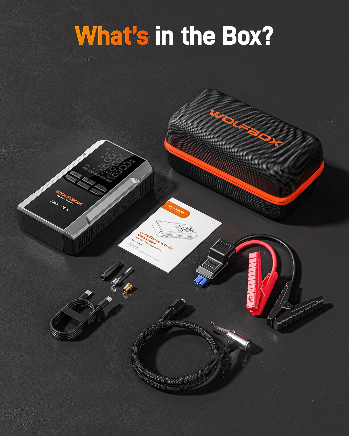 WOLFBOX 3000A Jump Starter with Air Compressor, 59.2Wh&160PSI Portable Car Battery Jump Starter with 65W Fast Charge, 12V Battery Pack (8L Gas 6L Diesel Engine) with Boost, Light and Jumper Cables