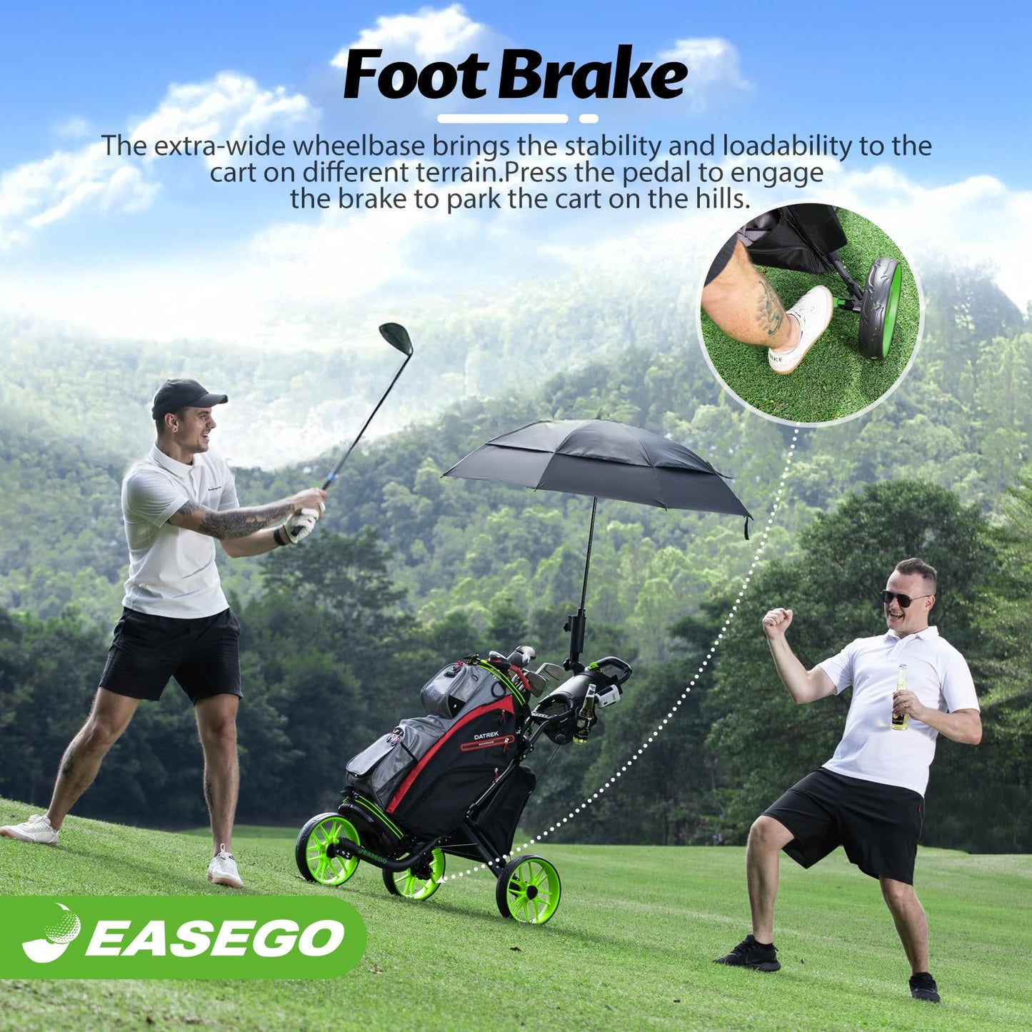 EASEGO Golf Push Cart 3 Wheel : Golf Bag Cart Foldable with Phone/Cup/Umbrella Holder Compact Golf Pull Carts Quick Fold Golf Caddy Push Carts with Large Wheelbase for Different Terrain (Lemon Green)