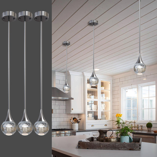 3-Pendant Lights Kitchen Island  Chrome Silver Crystal Globe Ceiling Hanging Light Fxitures  Led Lamp Metal Rod Ceiling Jellyfish Pendant Lighting For Kitchen Dining Room Bar