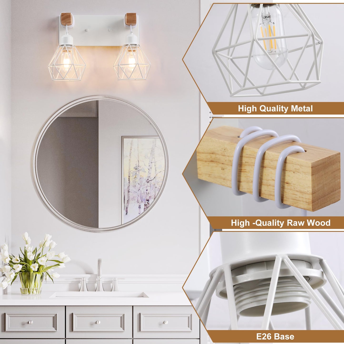 White Bathroom Vanity Light Fixtures  2-Light Wood Bathroom Light Fixtures Over Mirror  Rustic Sconces Wall Lighting With Elegant Metal Lampshade For Living Room  Bedroom  Hallway