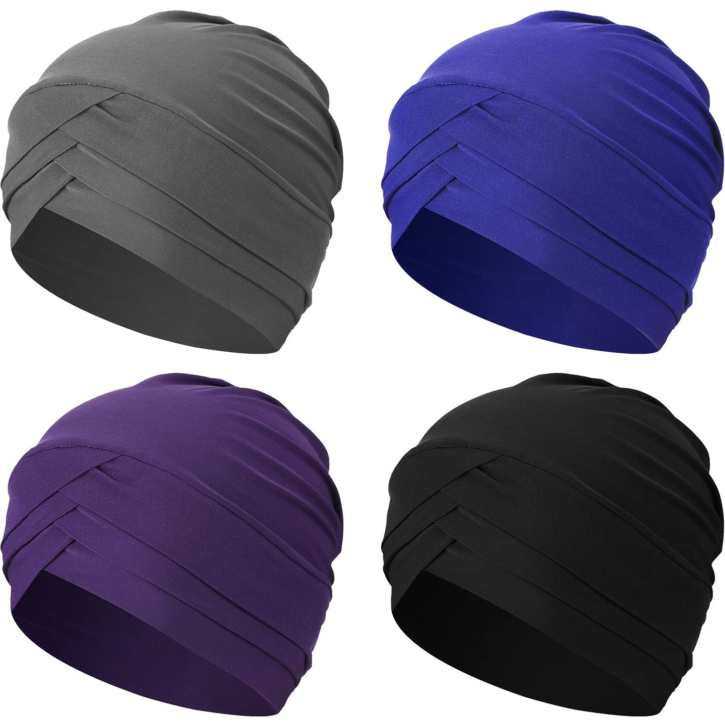 Geyoga 4 Pcs Women Turban Caps Chemo Headwear Cancer Patient Head Covering Soft Pleated Stretchy Head Wrap Sleep Hat
