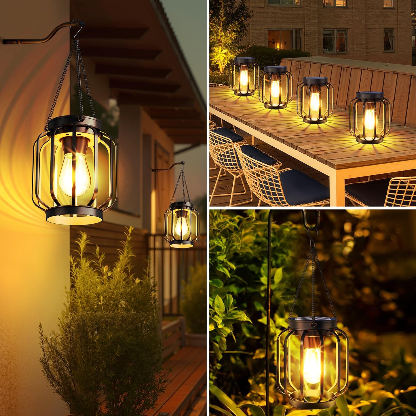 Aounq Solar Lanterns Outdoor Waterproof 4 Pack  14.37 Metal Hanging Solar Lights For Outside With Auto On/Off & Hook - Brighter Hanging Outdoor Lanterns Decorative Lighting For Garden Patio Yard