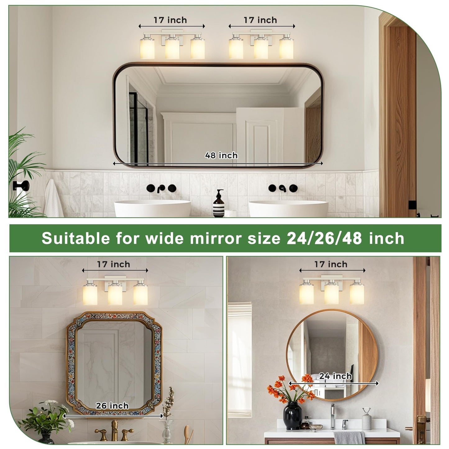 Doresshop 17 Inch Bathroom Light Fixtures  3-Light Nickel Bathroom Lighting Fixtures Over Mirror With Milk Glass Shade  Vanity Lights For Living Room Bedroom