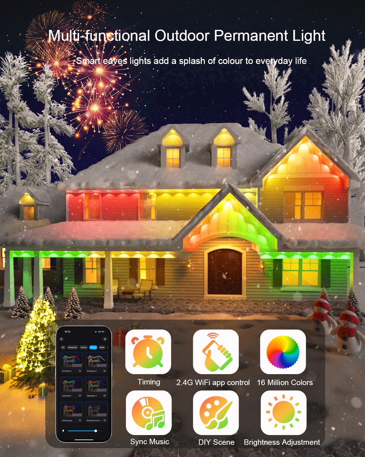 Permanent Outdoor Lights - 100Ft Smart Ai Rgb+Ic Led With 72 Lights  Ip67 Waterproof  75+ Scene Modes  Alexa/Google/Remote Control Enabled  Diy Music Sync For Christmas  Holiday & Home Decor  White