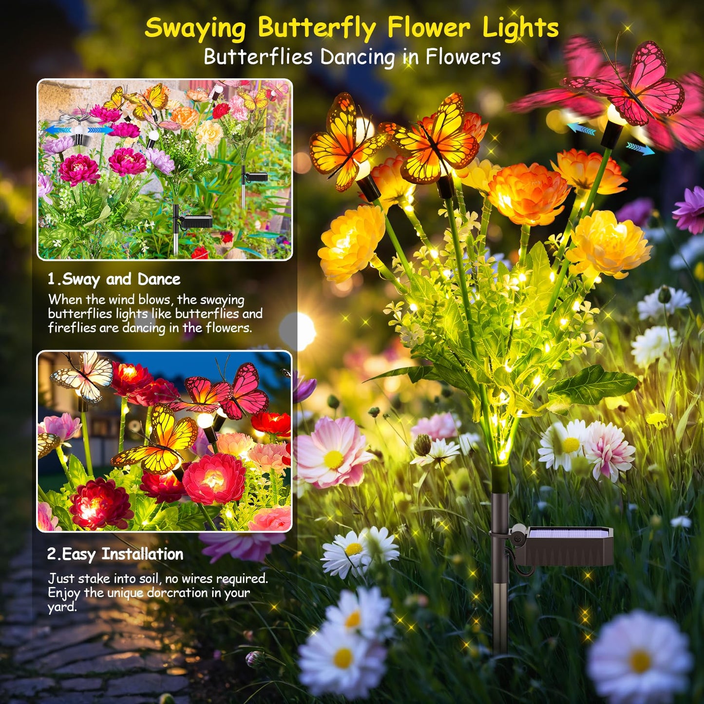 Garpar Solar Garden Lights  6 Pack Swaying Solar Lights With 18 Butterflies & 42 Blooming Flowers  Solar Flowers Lights Outdoor Waterproof  Solar Outdoor Lights For Yard Patio Garden Decor  Gift