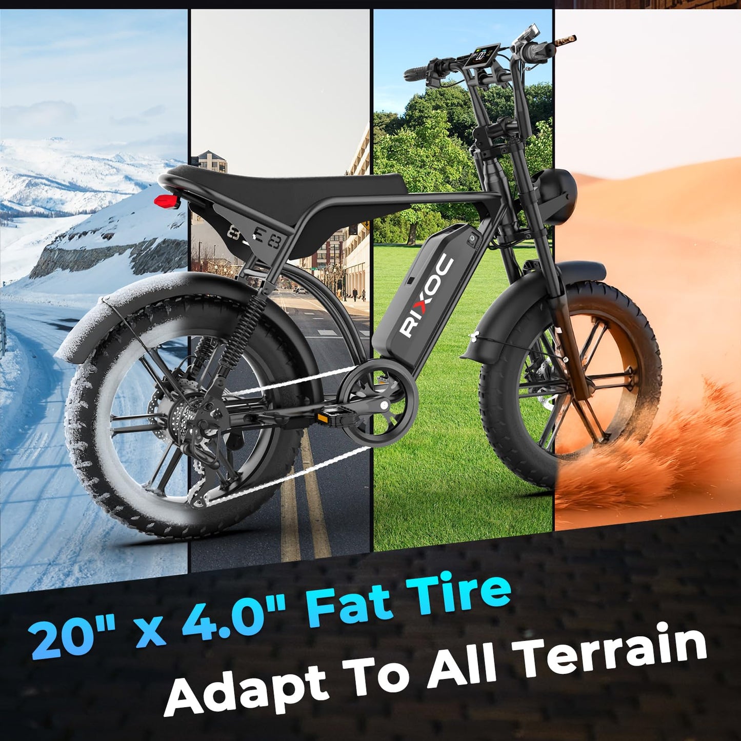 RIXOC E8 Electric Bike for Adults, 1500W Motor (Peak), 30 MPH Ebike, 20'' Fat Tire Commuter E-Bike with 48V 15.6AH Battery, Full Suspension Mechanical Disc Brakes, E Bike for Snow, Sand, Road