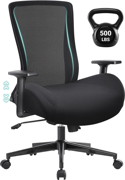 Big and Tall Home Office Desk Chair 500lb Capacity for Heavy People, Ergonomic Wide Mesh Desk Chair with Stepless Recline & Lock, 5.5" Thick Cushion, High Back, Adjustable Height & Armrests
