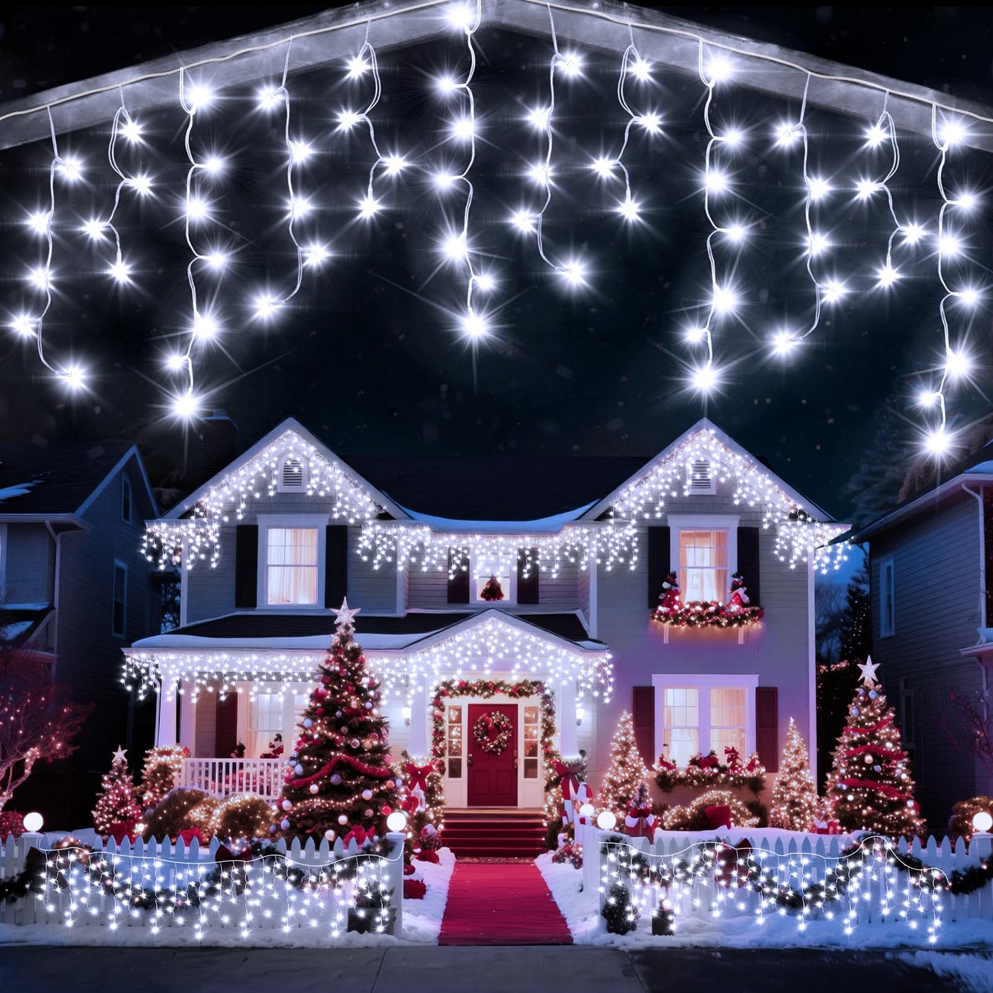 Jdgjyds 98 Ft Ice Lights For Outside  1216 Led Christmas Lights Outdoor Plug In  Christmas String Lights With 8 Modes & Timer For Holiday  Party  Wedding  House  Patio  Outdoor Decor(Cool White)