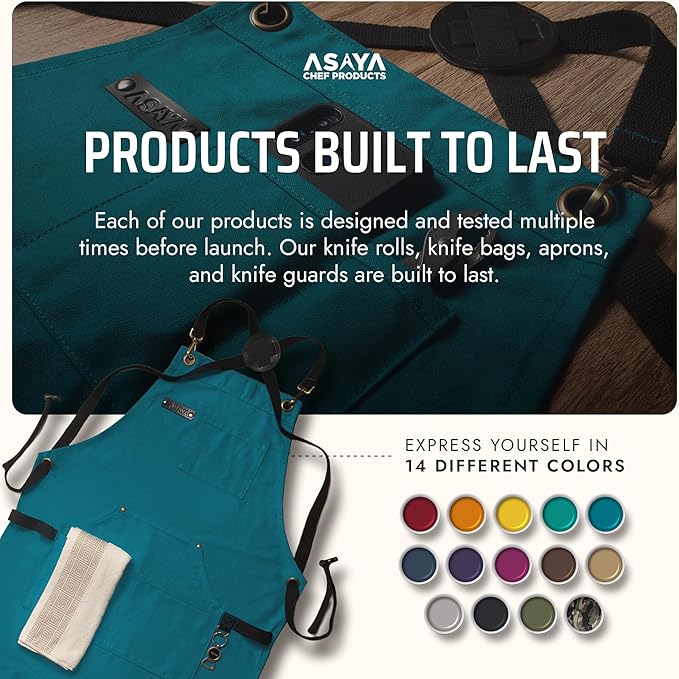 Asaya Chef and BBQ Apron with Bottle Opener and Hand Towel - 10oz Cotton Canvas, Stainless Steel Hardware - Cross Back Straps