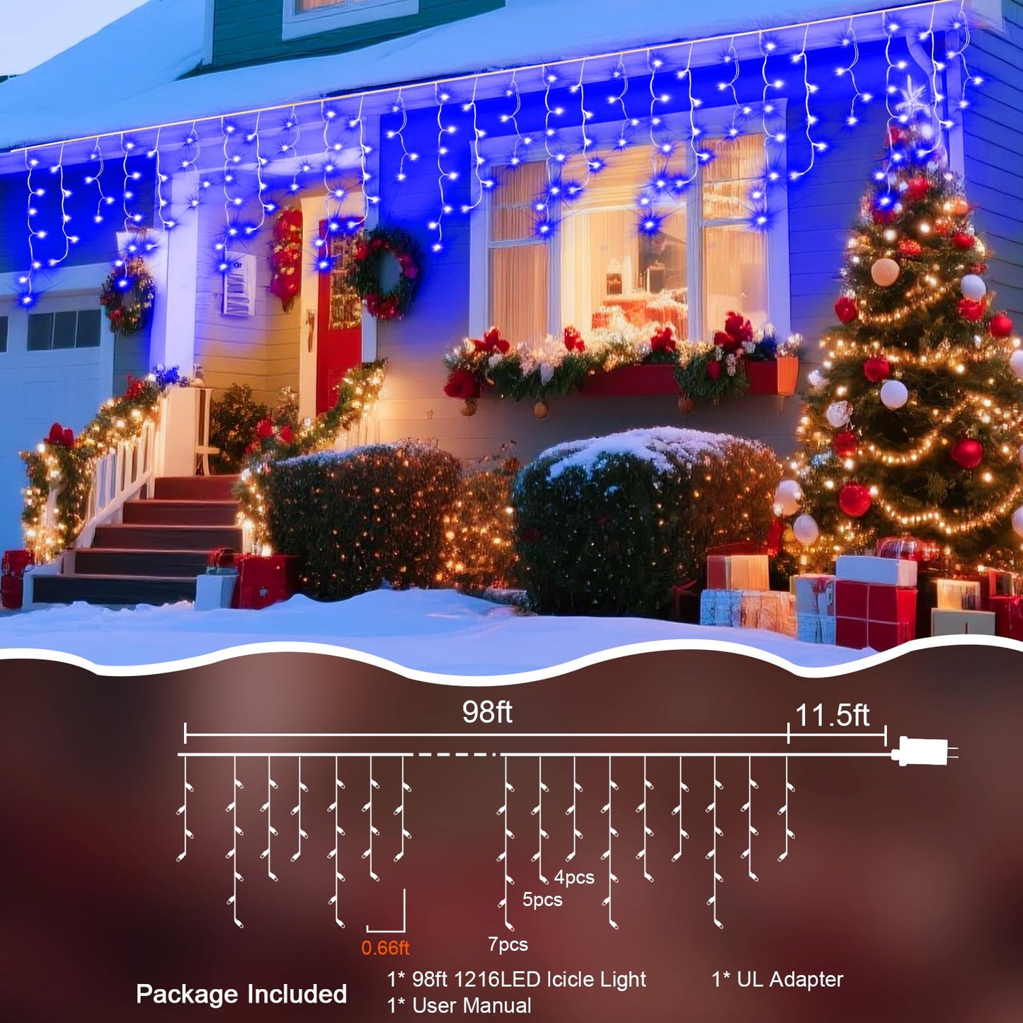 Jdgjyds 98 Ft String Lights For Outside  1216 Led Christmas Lights Outdoor Plug In  Christmas String Lights With 8 Modes & Timer For Holiday  Party  Wedding  House  Patio  Outdoor Decor(Blue)