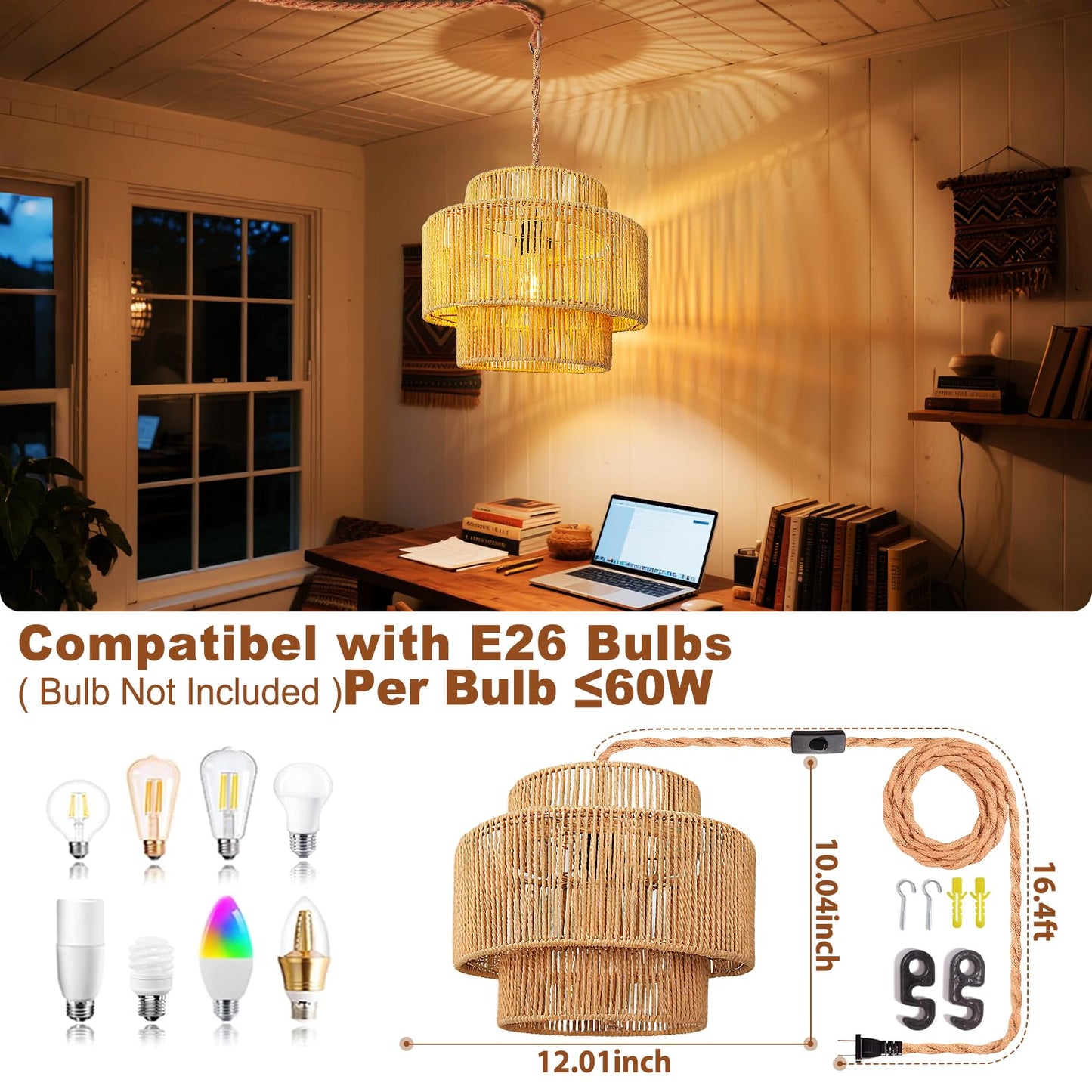 Hanging Lamps Rattan Pendant Light - 16.4Ft Plug In Cord Hanging Light Fixture Plug Into Wall Outlet Pendant Lighting With On Off Switch For Bedroom Living (Lantern Shade)