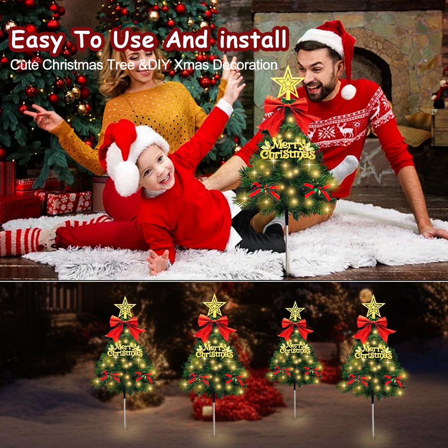 Tailerri 4 Pack Christmas Tree Solar Pathway Lights Outdoor Decorations  Waterproof Artificial Mini Xmas Tree Stake Lights With Diy Ornamets For Garden Yard Porch Decor (Green Tree)