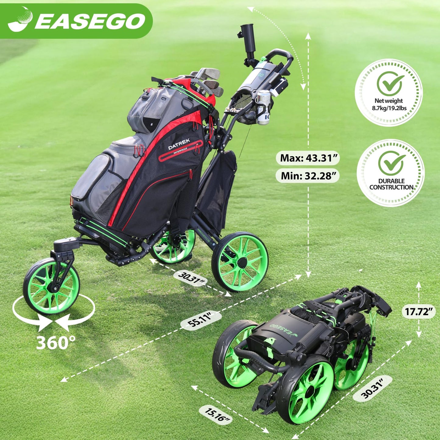 EASEGO Golf Push Cart 3 Wheel : 360° Swivel Front Wheels with Phone Holder/Cup Holder/Umbrella Holder/Foot Brake Quick Fold Golf Walking Push Pull Carts All-Terrain Golf Caddy Carts(Lime Green)