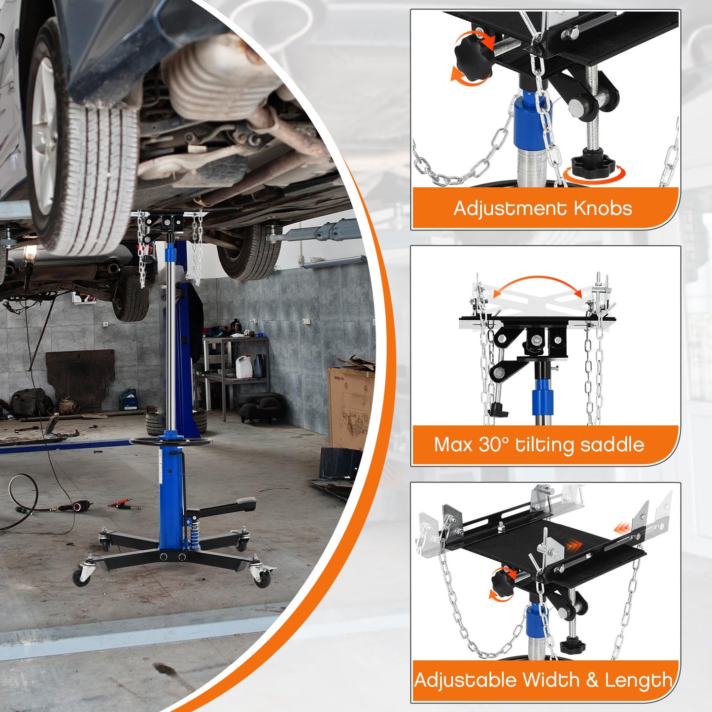 COZONY Transmission Jack, 1100lbs (1/2 Ton), 2-Stage Hydraulic Telescopic Design, Lifts 34"-68", with Foot Pedal & 360° Swivel Wheels, Ideal for Garage and Car Lifting, Blue