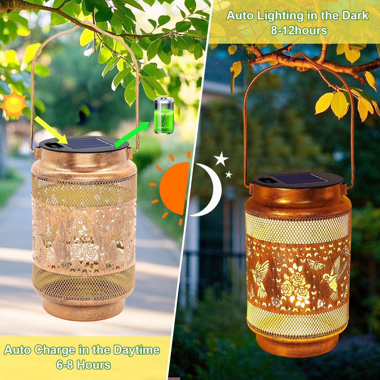 2 Pack Hummingbird Solar Lanterns Outdoor Waterproof Solar Garden Decor  Birthday Gifts For Christmas Women Mom Grandma  Metal Hanging Lights With Shepherd Hook For Yard Patio Pathway Backyard Porch