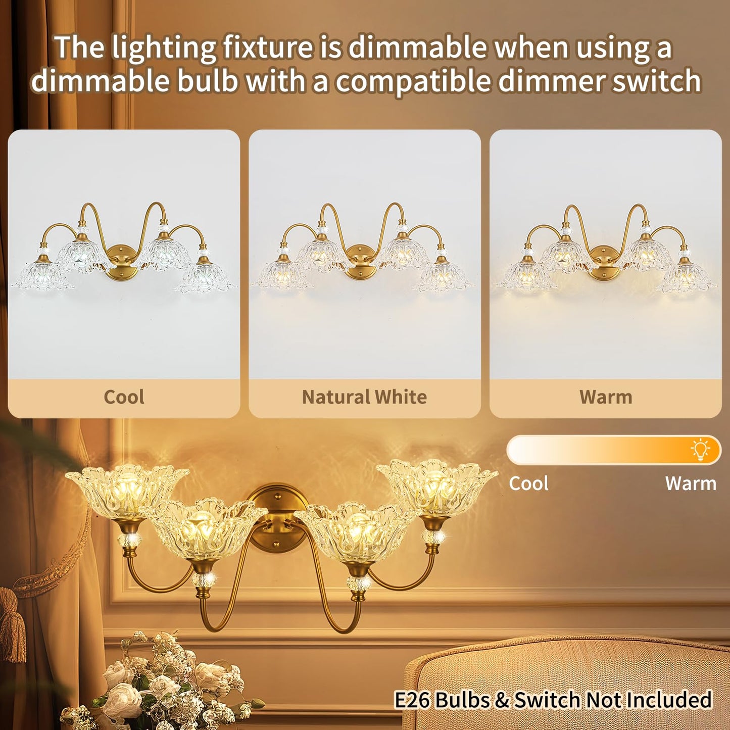 Sunkryster Vintage Matte Brass Finish Bathroom Vanity Light  4-Light Vanity Light With Floral Glass Shades  Retro Wall Mount Lighting For Bathroom  Dressing Table