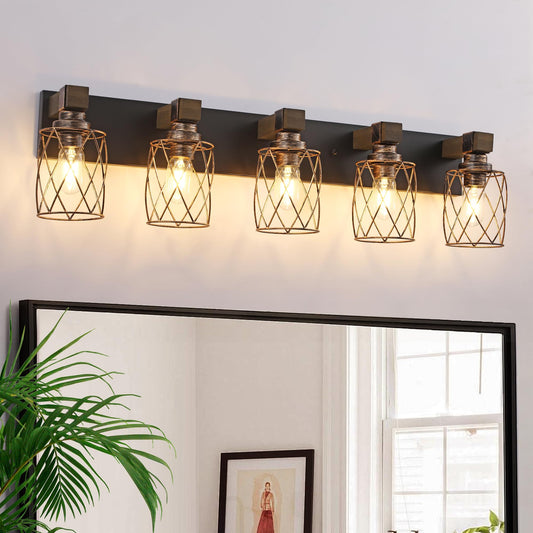 Farmhouse Bathroom Vanity Light  5-Light Wood Bathroom Light Fixtures Over Mirror  Black And Gold Industrial Vanity Lights With Metal Shade  Rustic Bathrooms Lighting For Living Room Bedroom Hallway