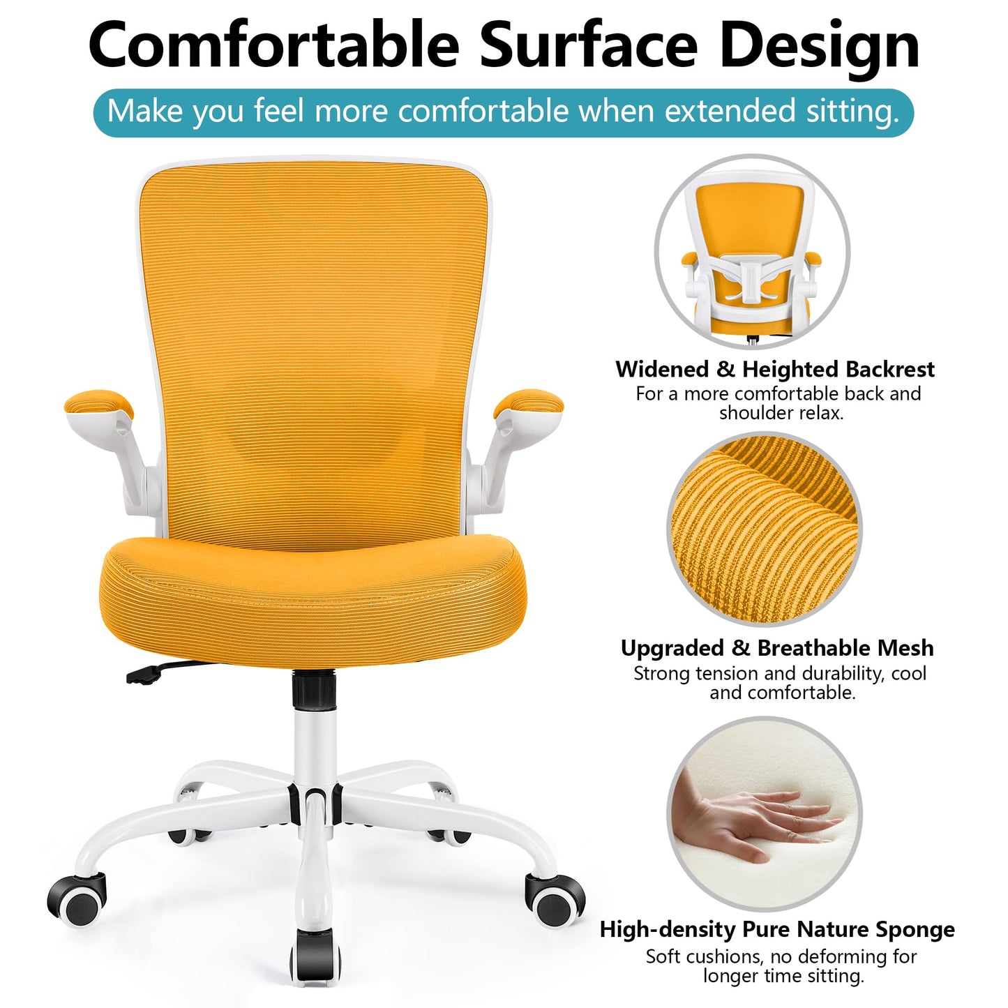 FelixKing Office Chair, Ergonomic Desk Chair Breathable Mesh Chairs Adjustable High Back Lumbar Support Flip-up Armrests, Executive Rolling Swivel Comfy Computer Chairs Home Office Yellow