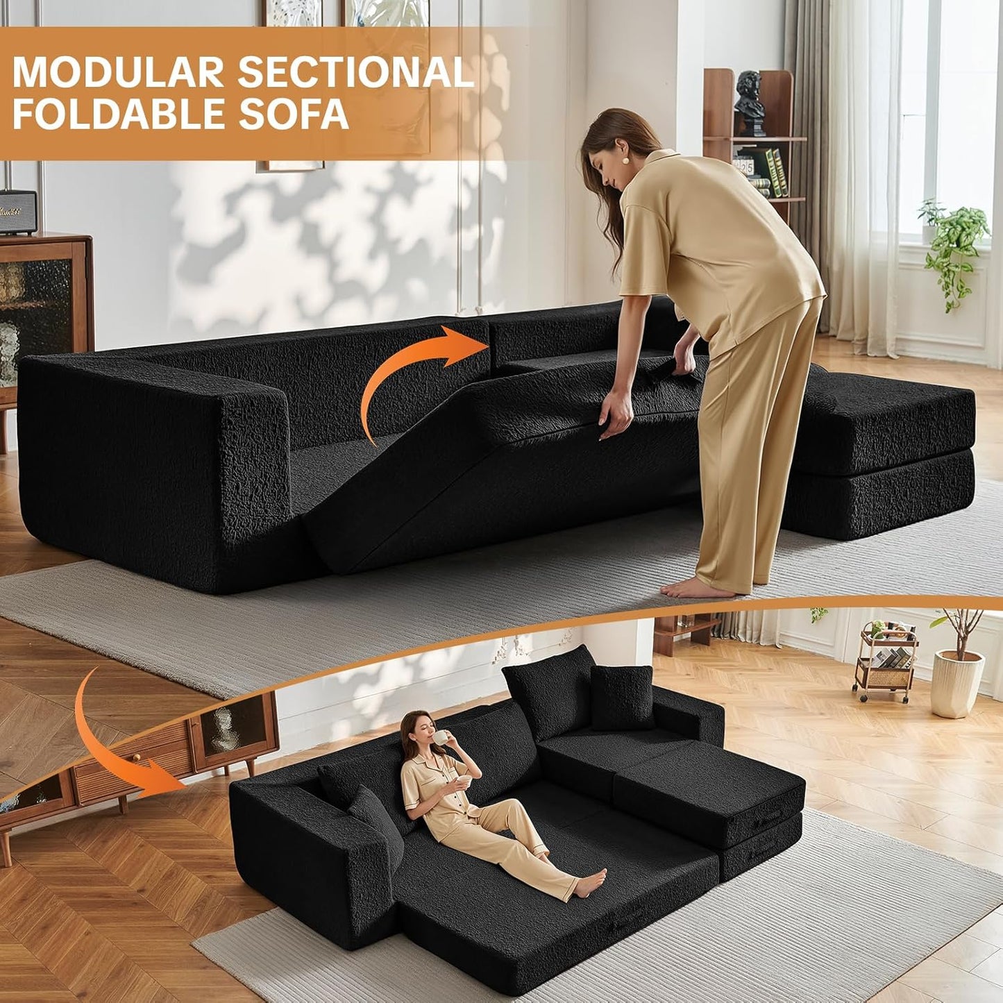 108" Modular Sectional Cloud Sofa - Boneless Couch with Deep Seat, Non Slip Base, Folding Sofa Sectional Couches for Living Room, Cozy Modular Couch with L-Shape Chaise, No Assembly Required, Black