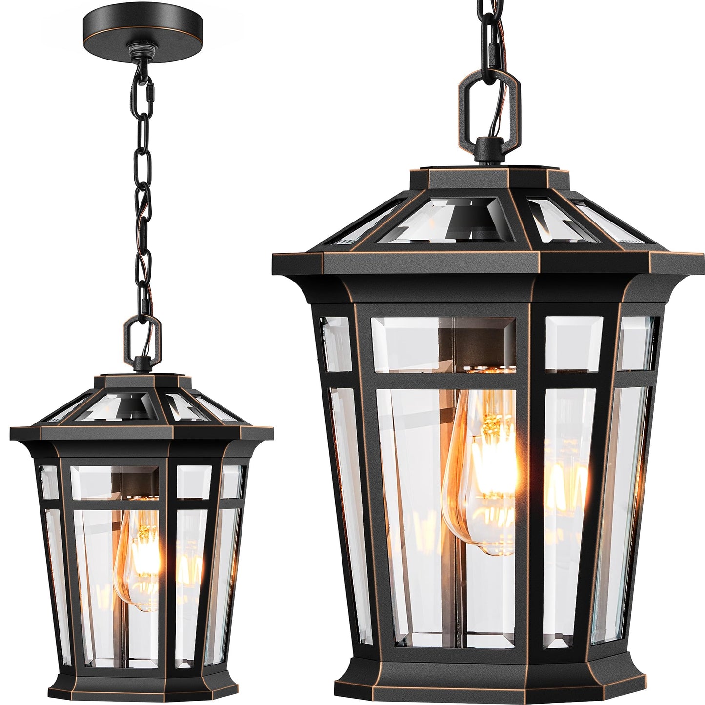 Vianis Large Outdoor Pendant Light With Adjustable Chain  Black Hanging Lights With Gold Trim  Aluminum Outdoor Chandelier For Porch With Tempered Glass  Hanging Lighting For House  Doorway  Entryway