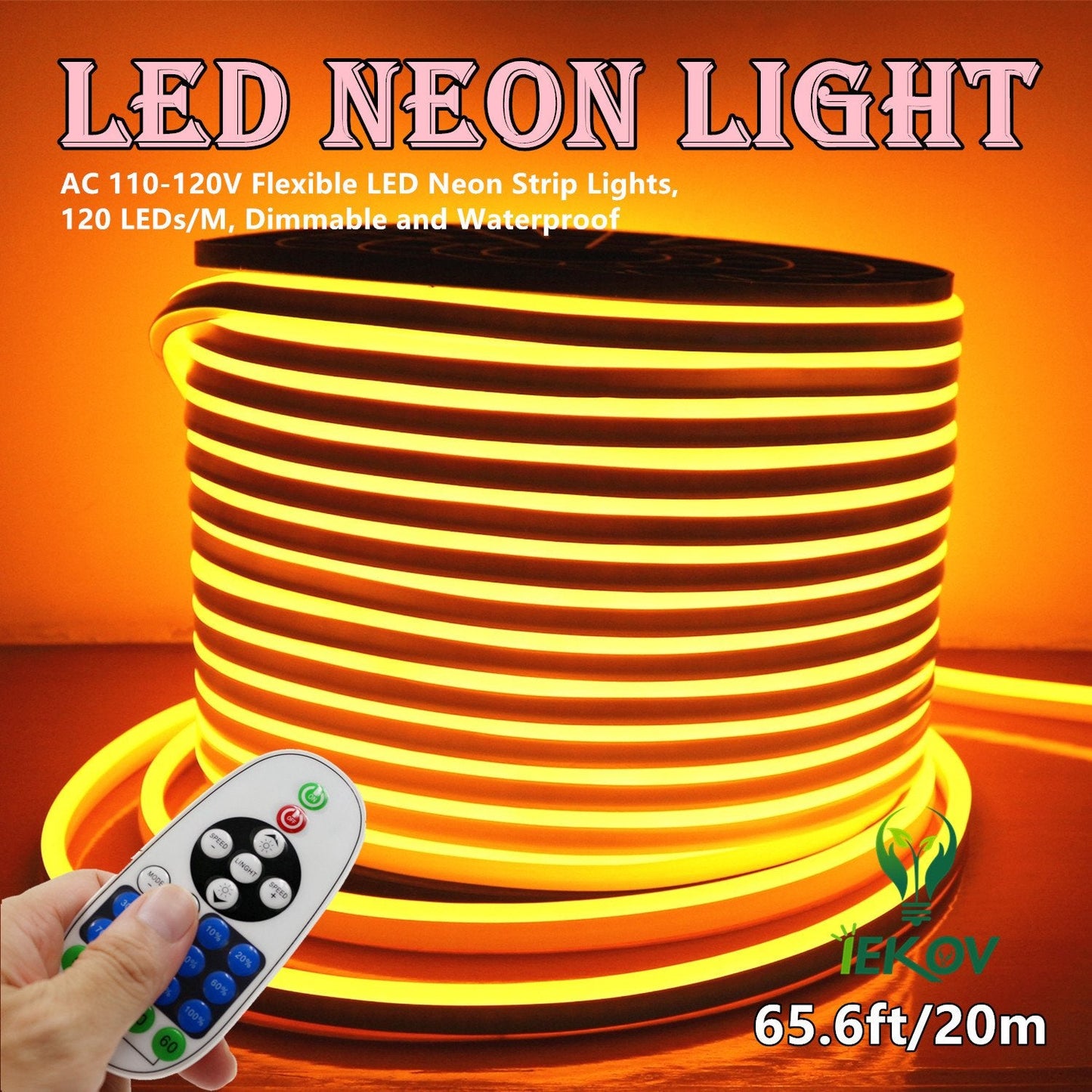 IEKOV LED Neon Light, Dimmable Waterproof 2835 SMD Strip, 20m/65.6ft, Golden Yellow, Model NEON LIGHT-Y-20M