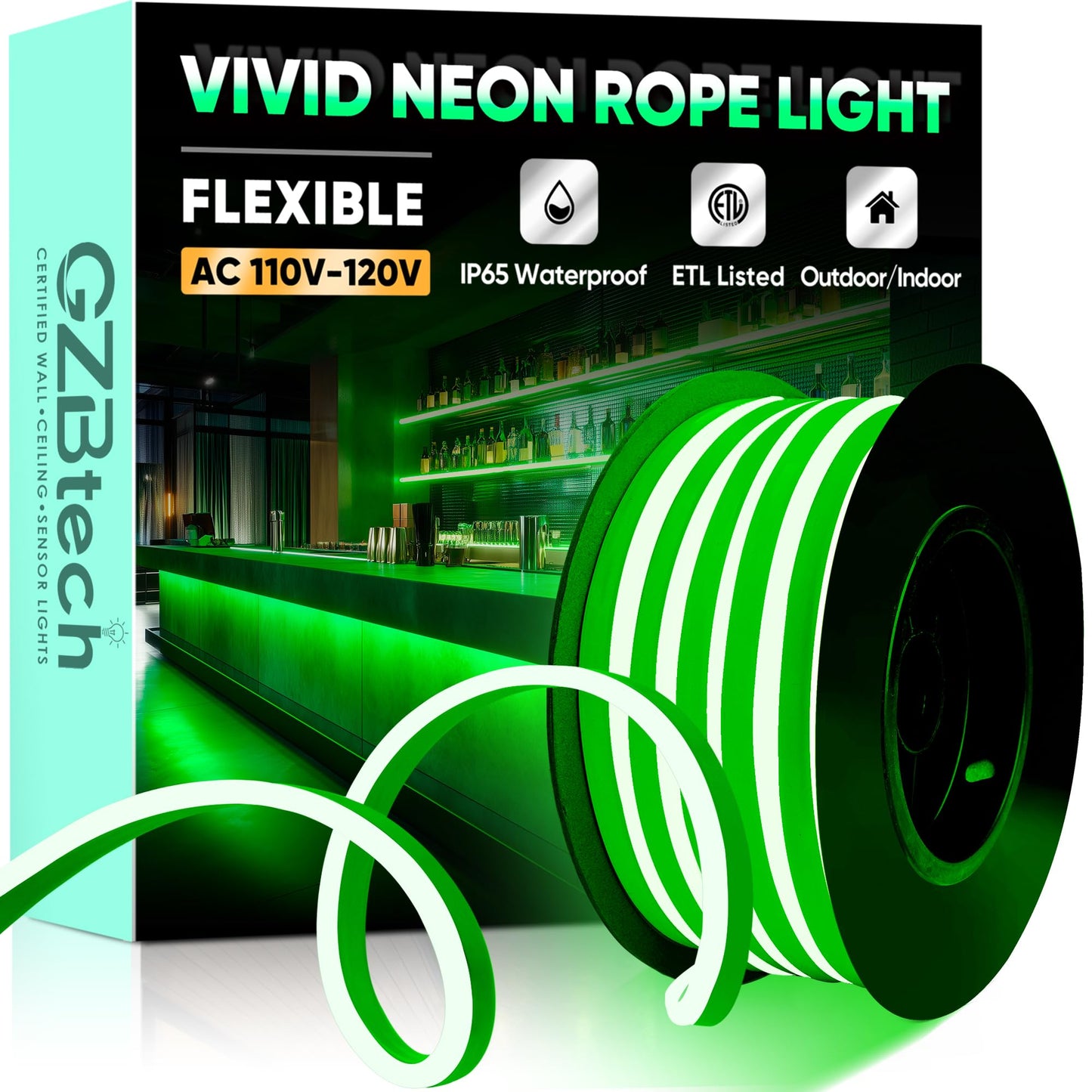 Gzbtech Flexible Led Neon Rope Lights 16.4Ft Ac 110-120V Waterproof Strip Light  120 Leds/M Cuttable Connectable Neon Lighting For Indoor Outdoor Home Decor/Commercial Building Use-Green 5M