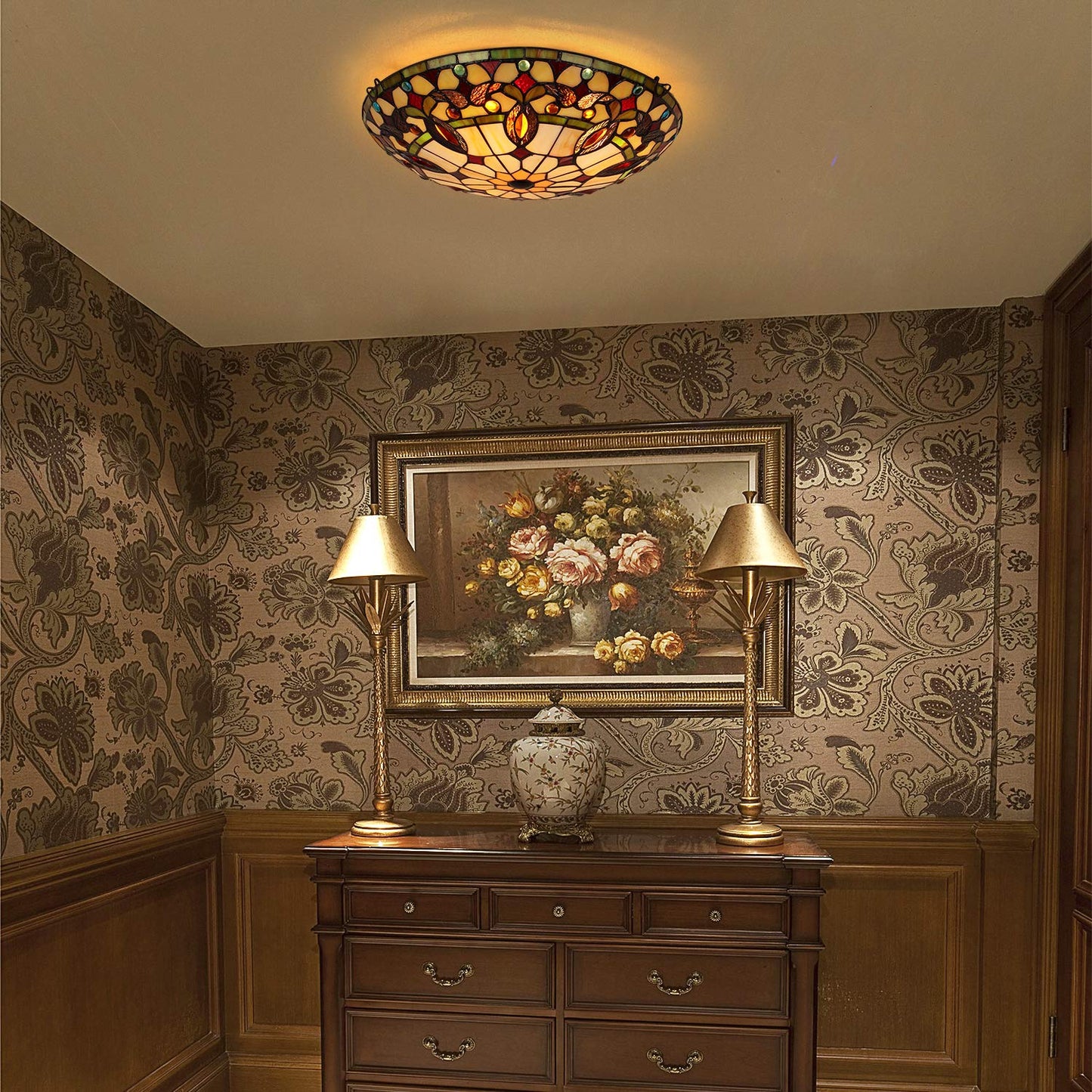 Artzone Tiffany Ceiling Light, 3-Lights Stained Glass Flush Mount, 16 Inch, Brown Cream, Model Ar164339Sf