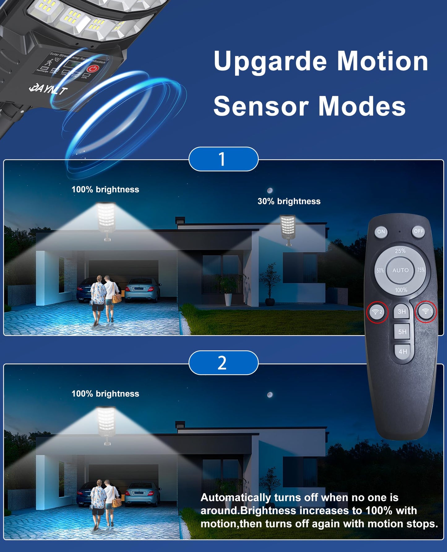 Jaynlt Solar Lights Outdoor  5 Lighting Modes Solar Flood Security Light With Motion Sensor & Dusk To Dawn&Remote  7000K Street Lamps For Yard  Entryway Garage - 2Pack