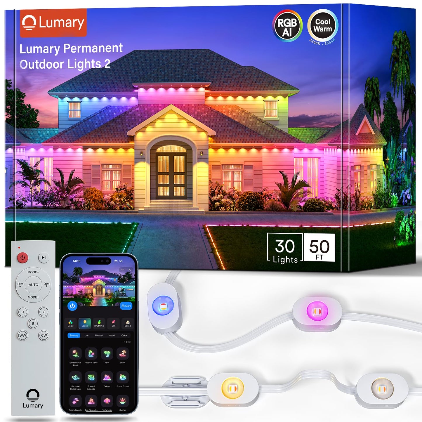 Lumary Smart Permanent Outdoor Lights 2 With Remote & Slide-Base  50Ft With 30 Rgbaicw Leds 1800Lm For Daily & Accent Lighting  Work With Alexa Google  110+ Scene For Halloween Christmas Decor  White