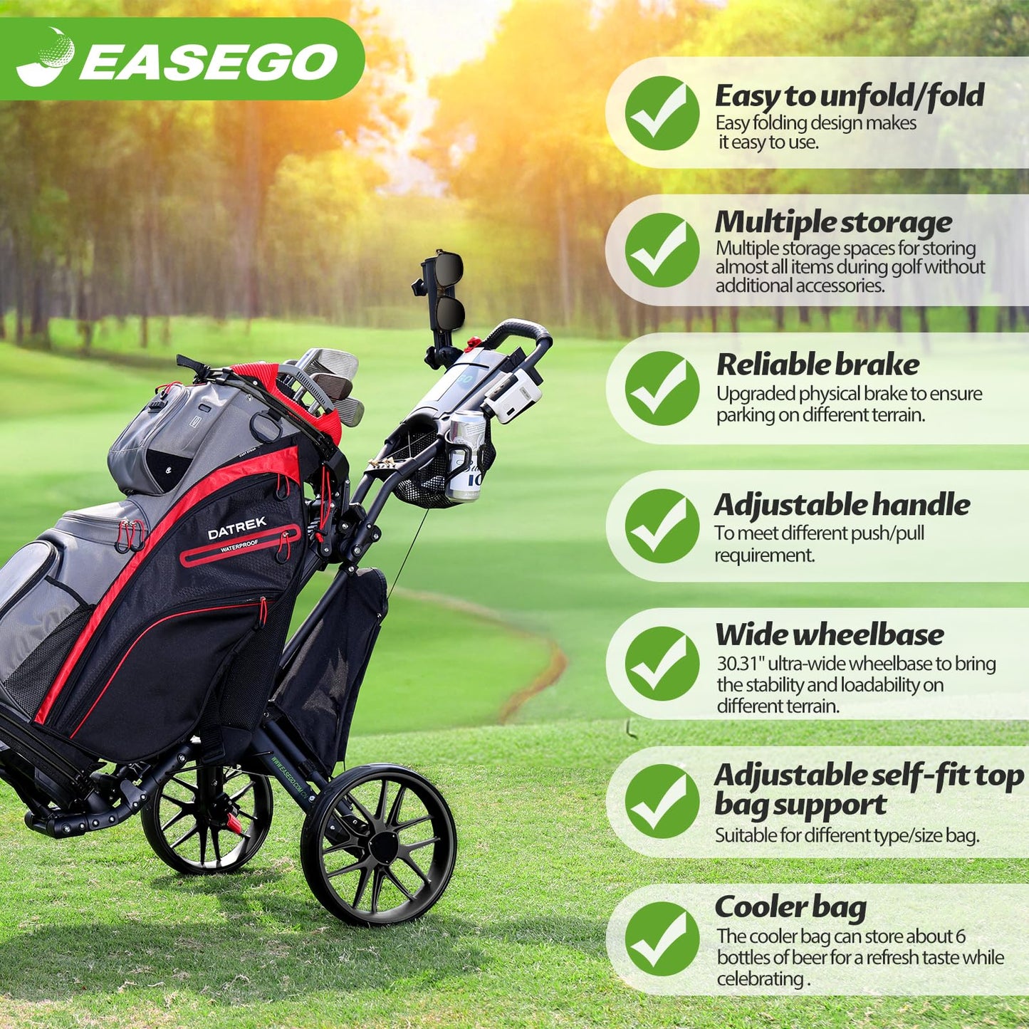 EASEGO Golf Push Cart 3 Wheel : 360° Swivel Front Wheels with Phone Holder/Cup Holder/Umbrella Holder/Foot Brake Quick Fold Golf Walking Push Pull Carts All-Terrain Golf Caddy Carts(Black)