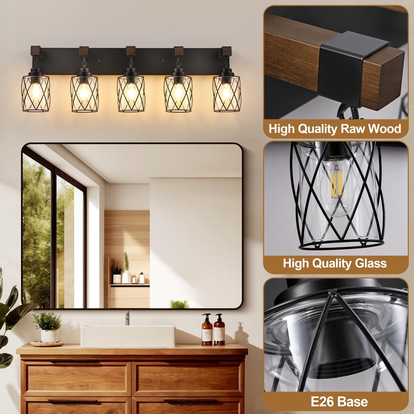 Farmhouse Bathroom Light Fixtures  5 Light Bathroom Vanity Light With Metal And Glass Lampshade  Wood Rustic Lighting Fixtures Over Mirror  Black Wall Sconces For Living Room  Bedroom