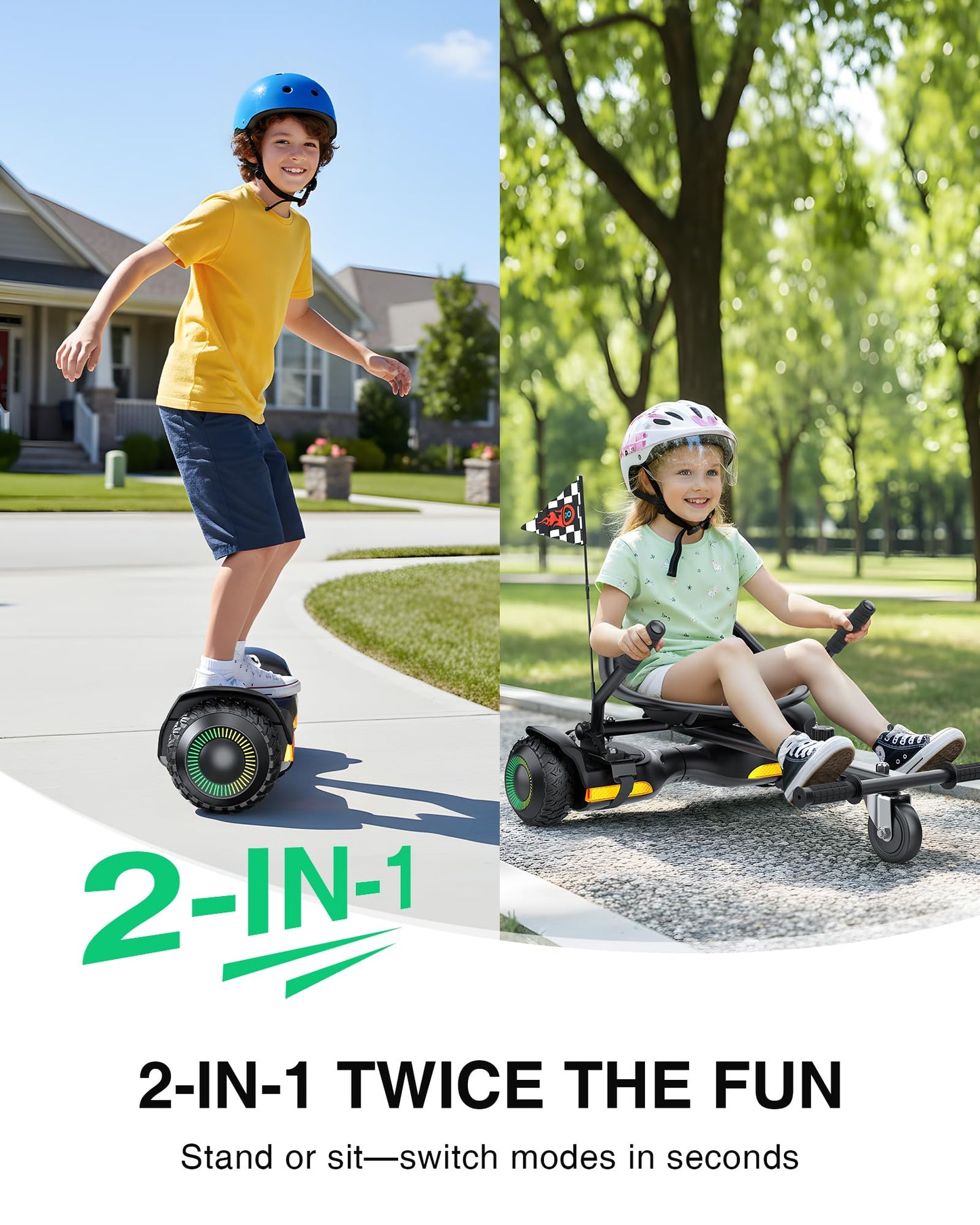 Gyroor Scooter with Adjustable Seat Attachment, 6.5" All-Terrain Self Balancing Scooter, LED Lights & Bluetooth for Kids and Adults, Black
