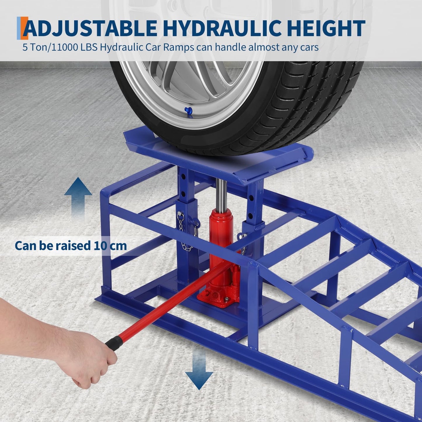 2-Pack Heavy Duty 5 Ton (11000 LBS) Hydraulic Car Ramps, High Lift 13.3" Truck Ramps with Safety Lock Pins, Auto Lift for Oil Change, Home Garage & Vehicle Repair, Blue