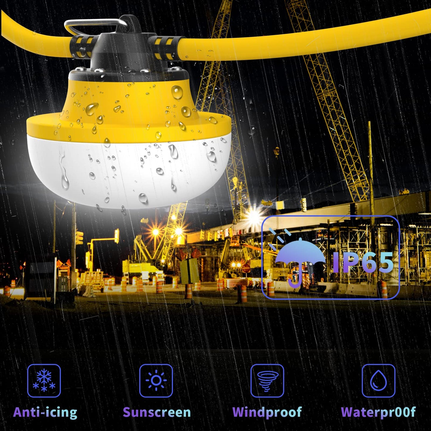 Muasdae 100FT LED Construction String Lights, Yellow, 2 Prong, Durable for Outdoor Use, Free Climbing Hook Included