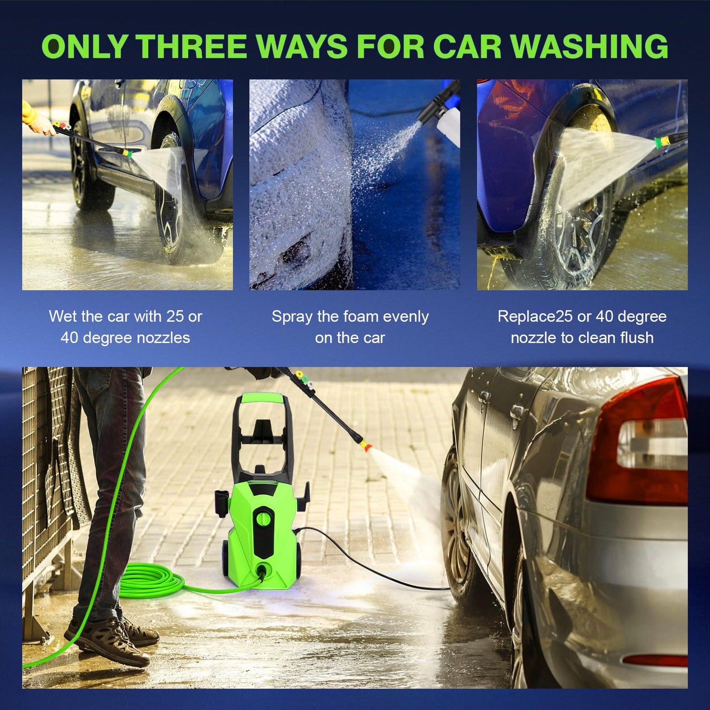 commowner 5000PSI Electric Pressure Washer, 2026 New Power Washer with 33FT Flexible Extension Pressure Washer Hose Reel, 4 Nozzles, Professional Powerwashers for Home/Car(Green)