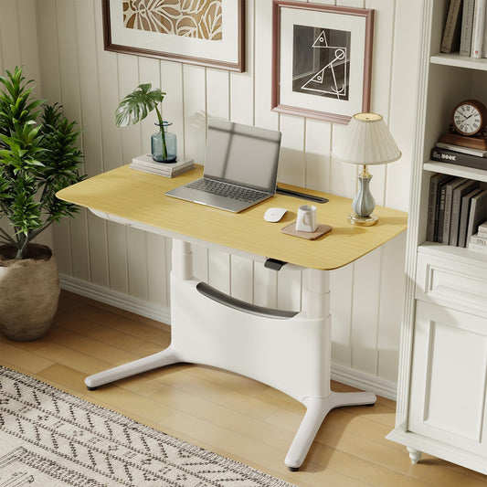 COLAMY Electric Adjustable Standing Desk – 48 x 28 Inch Sit Stand Desk with Drawer & Cable Management, Dual Motor Lift System, Ergonomic Footrest, Home Office Table (Veneer Desktop, Oak + White)