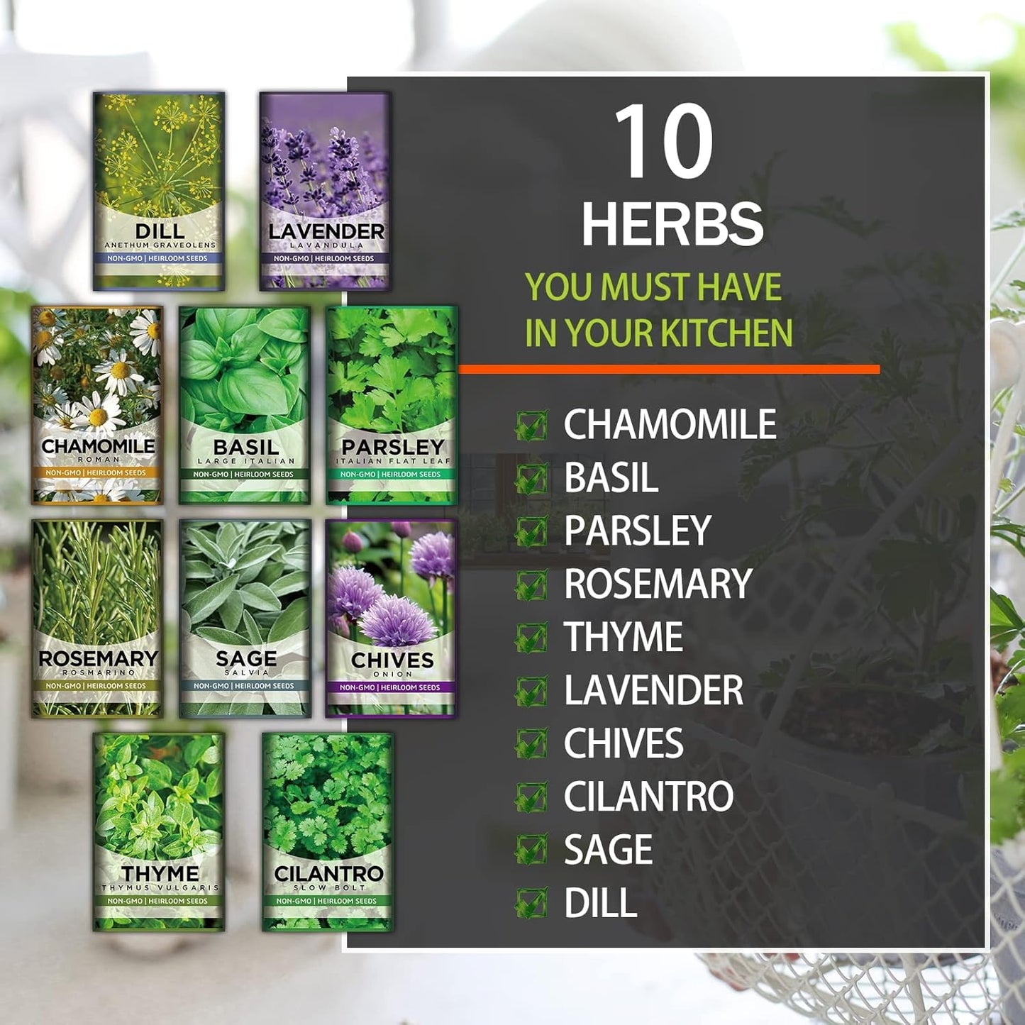 10 Kit Non-GMO Growing into Thyme, Lavender, Chamomile, Dill, Chives, Cilantro, Rosemary, Basil, Parsley, Sage Indoor/Outdoor for Kitchen Windowsill Gardening Gift