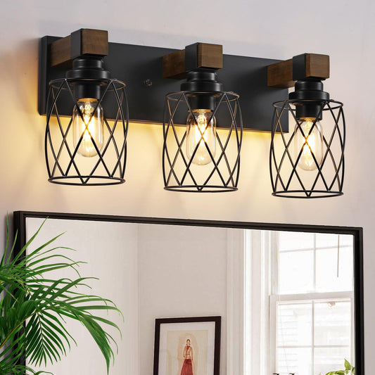 Xvmbvm Farmhouse Bathroom Vanity Light  3-Light Wood Bathroom Light Fixtures Over Mirror  Black Industrial Vanity Lights With Metal Shade  Rustic Bathrooms Lighting For Living Room  Bedroom  Hallway
