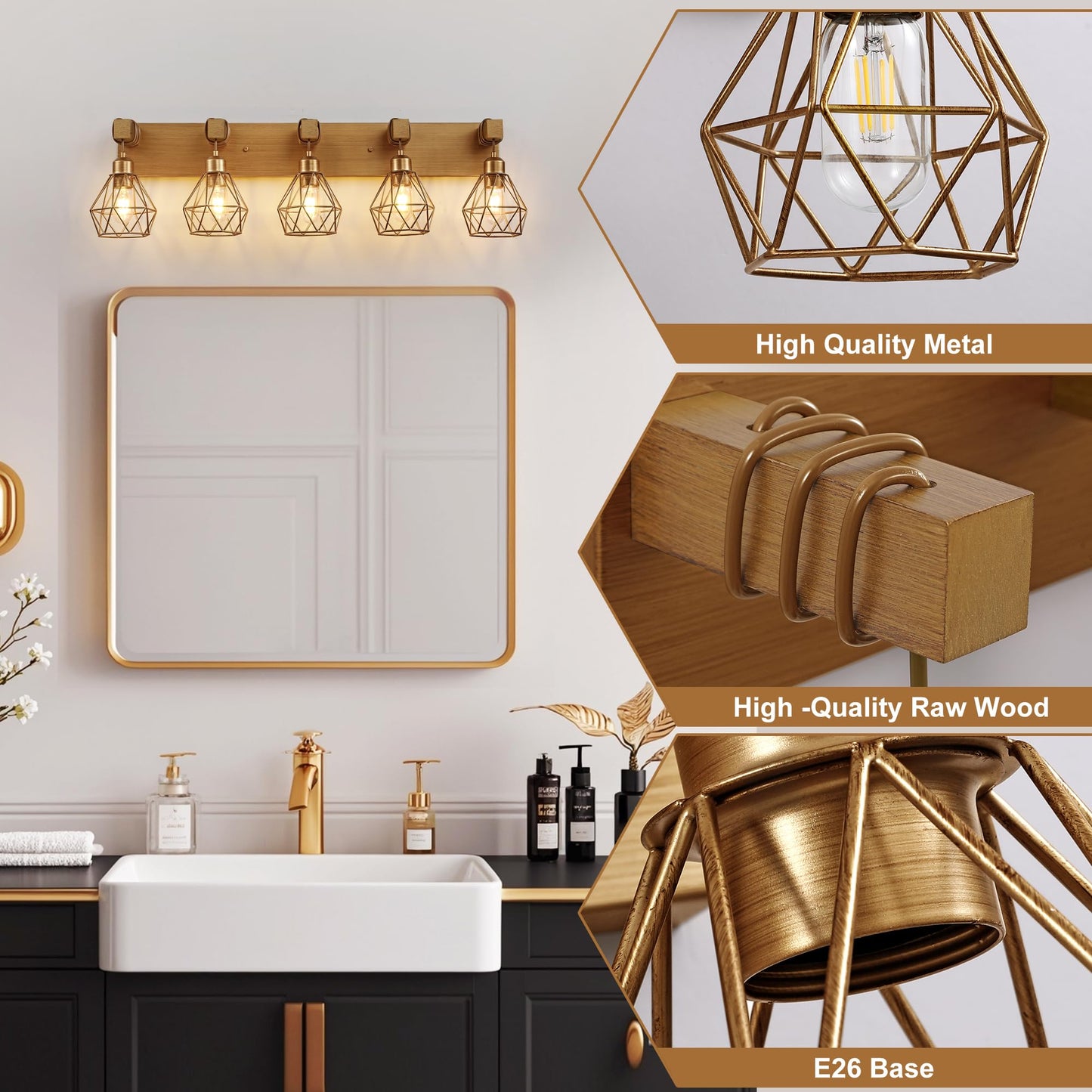 Bathroom Gold Vanity Light Fixtures  5-Light Gold Bathroom Light Fixtures Over Mirror  Sconces Wall Lighting With Elegant Metal Lampshade For Living Room  Bedroom  Hallway