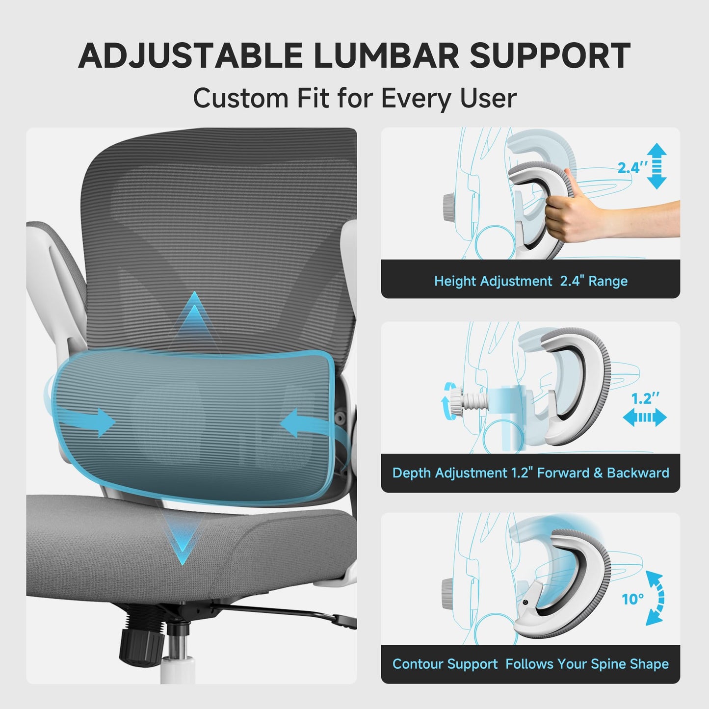 PKPT Ergonomic Office Chair, 330LBS Desk Chair with 3-Level Lumbar Support & Headrest, Breathable Mesh Backrest, Flip-Up Armrests for Home Office and Gaming, White and Gray