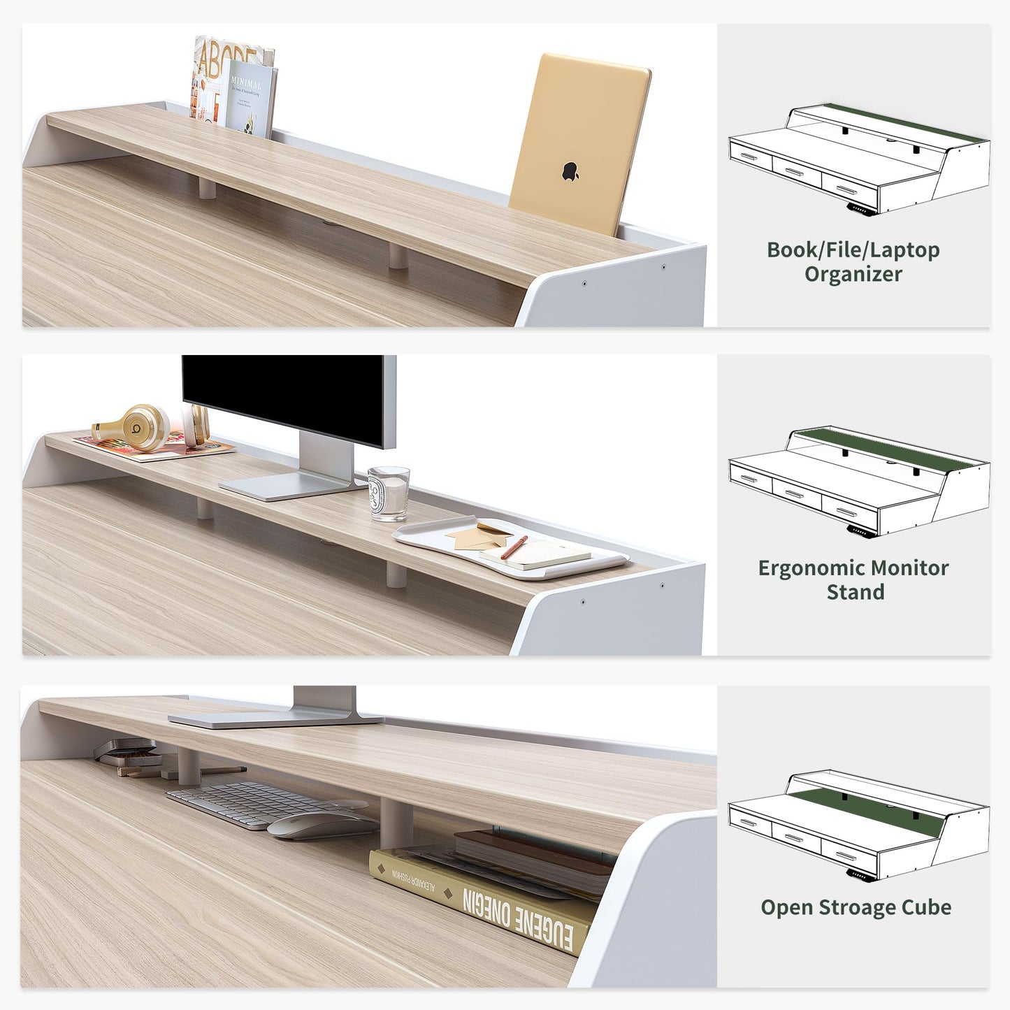 CubiCubi Standing Desk 55x26 Inches with 3 Wood Drawers and Monitor Shelf, Ergonomic Rising Home Office Desks, Height Adjustable Computer Desk, Sit Stand Up Electric Workstation Table, Light Walnut