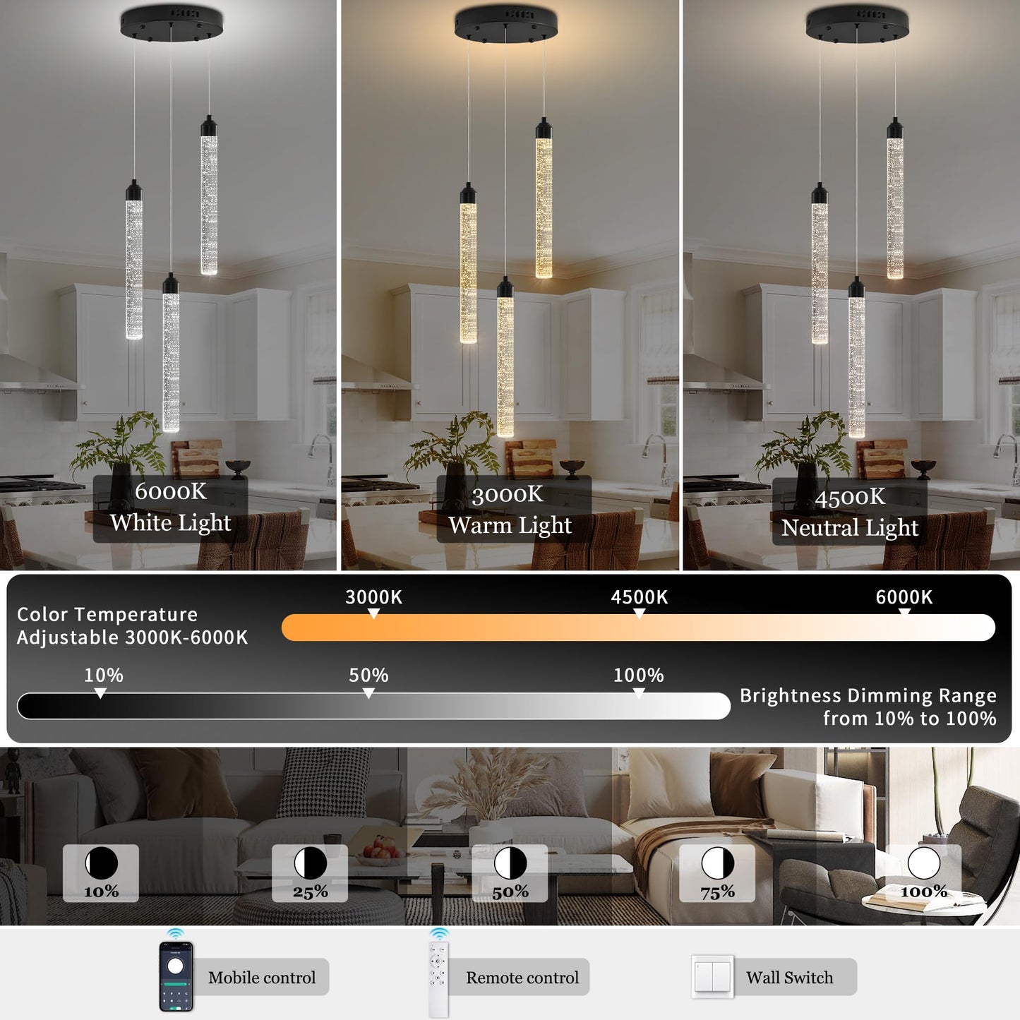 Ywuechwu 3-Light Modern Dimmable Led Crystal Chandelier - Black Mini Pendant Lighting With Spiral Raindrop/Bubble Cluster Pendant For Kitchen Island  Dining Room  Living Room  Foyer