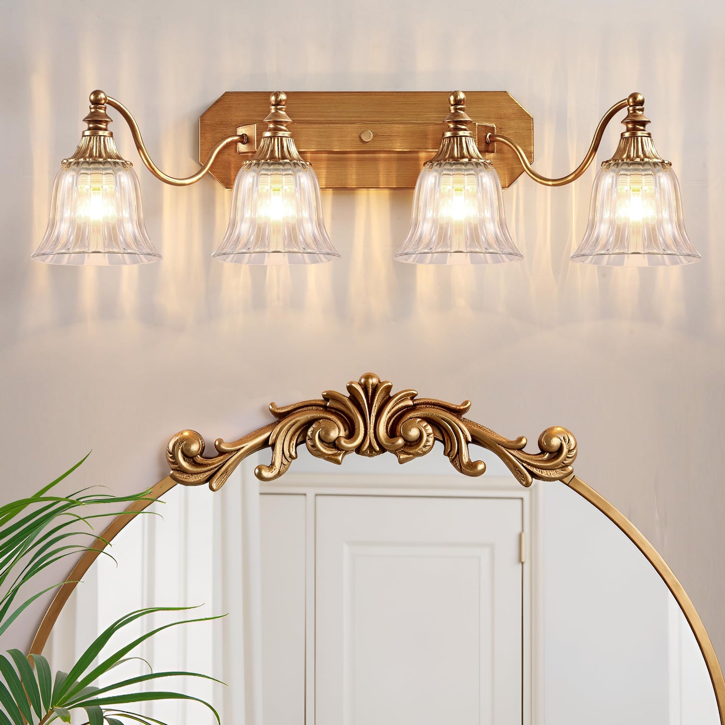 Dvmteom Gold Vintage Bathroom Light Fixtures  4-Lights Bathroom Vanity Light  Antique Brushed Gold Lighting Fixtures Over Mirror With Crystal Glass Shade  Wall Sconce Lighting