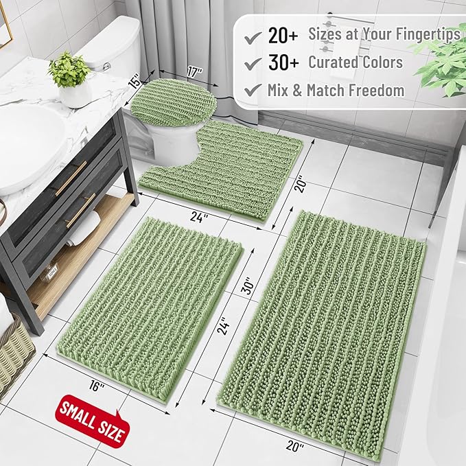 Arotive Luxury Chenille Bathroom Rug Mat, Extra Soft Thick Absorbent Shaggy Bath Rugs, Non-Slip Machine Wash Dry, Plush Bath Mats for Bathroom, Shower and Tub, 54x24, Sage Green